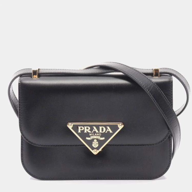Pre Owned Prada Emblem Box Calf Shoulder Bag Leather Black