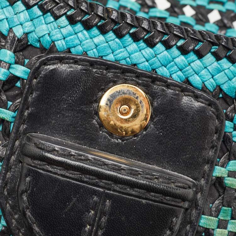 Pre Owned Prada Black/Blue Woven Madras Leather Crossbody Bag