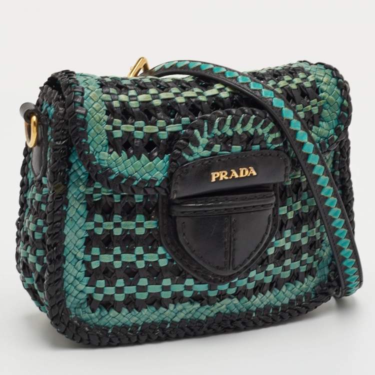 Pre Owned Prada Black/Blue Woven Madras Leather Crossbody Bag