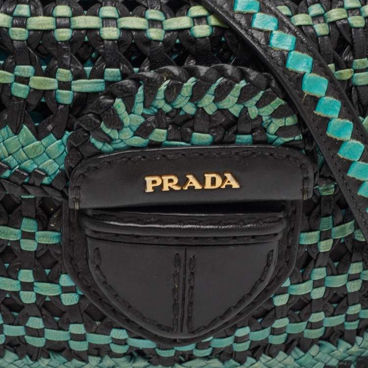 Pre Owned Prada Black/Blue Woven Madras Leather Crossbody Bag