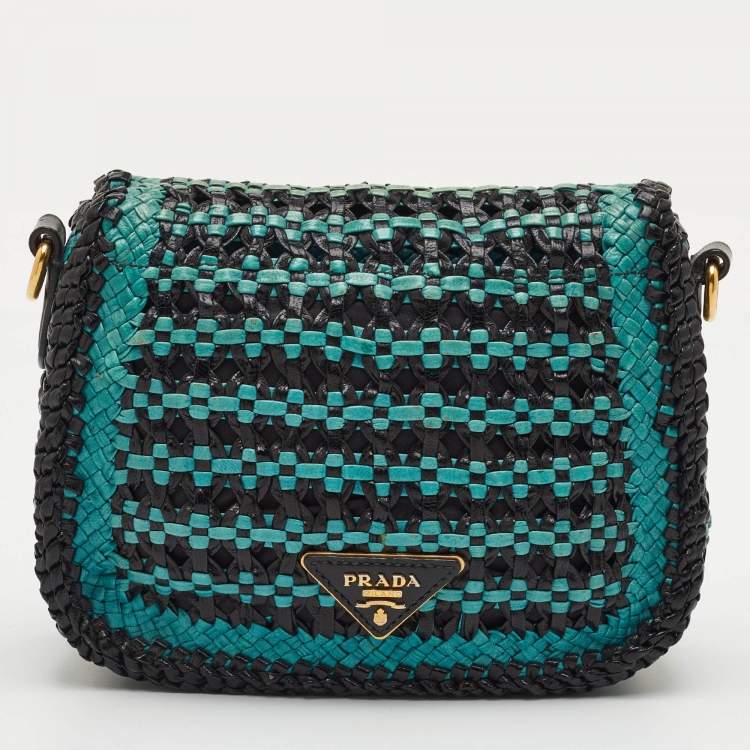 Pre Owned Prada Black/Blue Woven Madras Leather Crossbody Bag