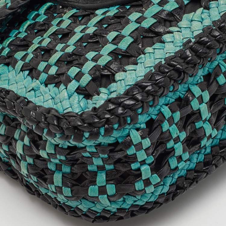 Pre Owned Prada Black/Blue Woven Madras Leather Crossbody Bag