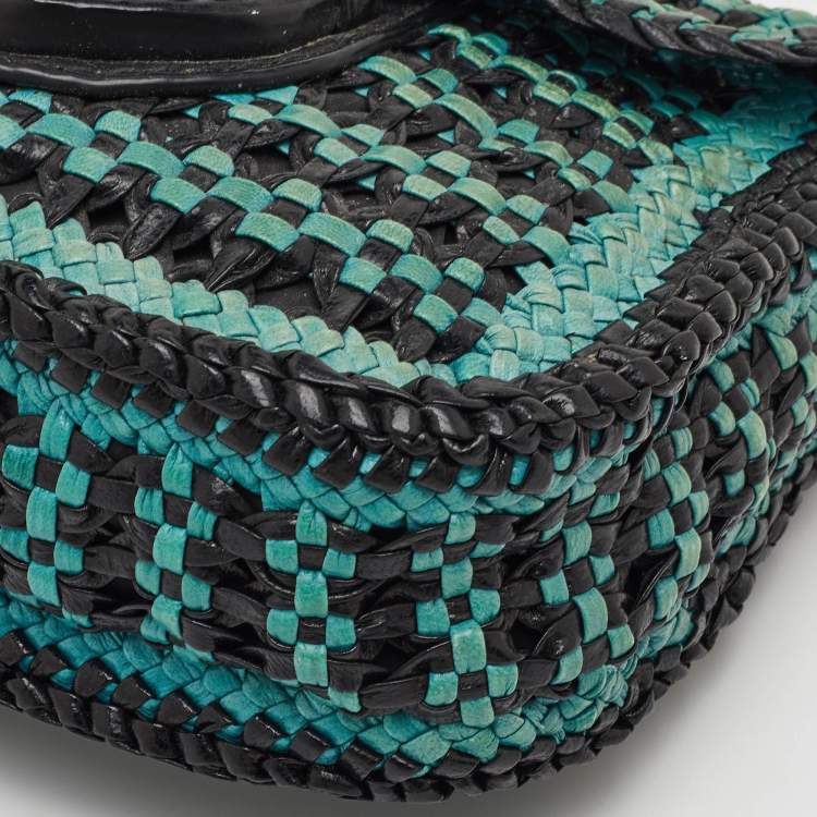 Pre Owned Prada Black/Blue Woven Madras Leather Crossbody Bag