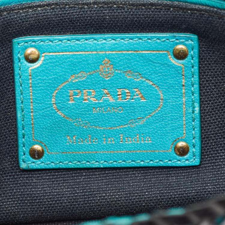 Pre Owned Prada Black/Blue Woven Madras Leather Crossbody Bag