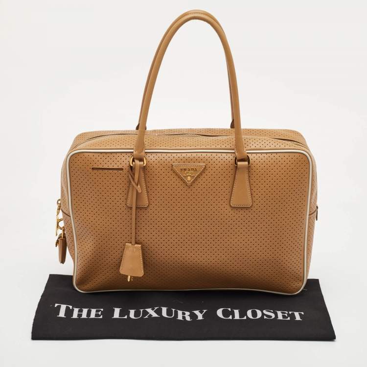 مملوكة مسبقًا Prada Bauletto Beige/White Perforated Saffiano Leather Satchel