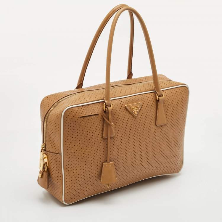 مملوكة مسبقًا Prada Bauletto Beige/White Perforated Saffiano Leather Satchel