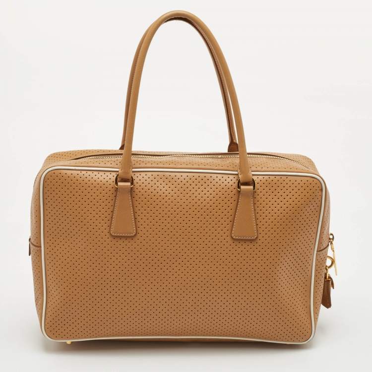 مملوكة مسبقًا Prada Bauletto Beige/White Perforated Saffiano Leather Satchel