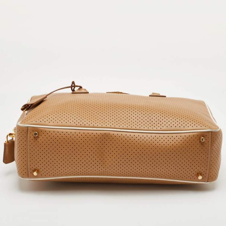 مملوكة مسبقًا Prada Bauletto Beige/White Perforated Saffiano Leather Satchel