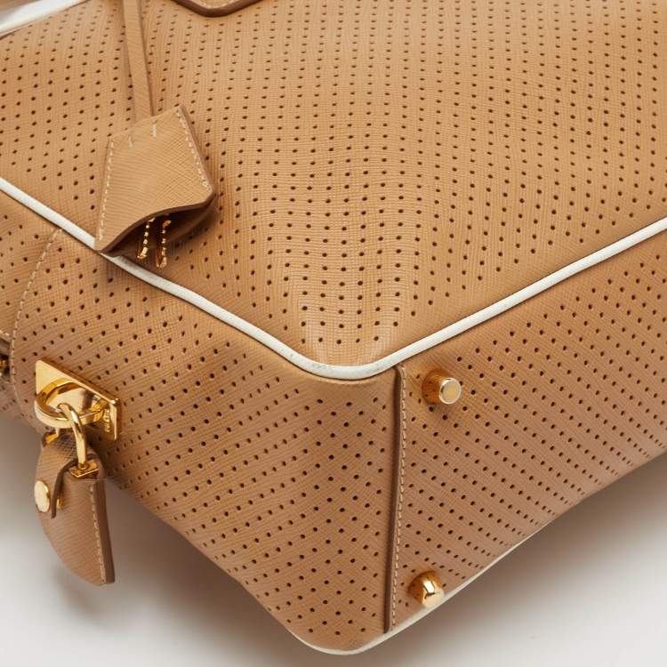مملوكة مسبقًا Prada Bauletto Beige/White Perforated Saffiano Leather Satchel
