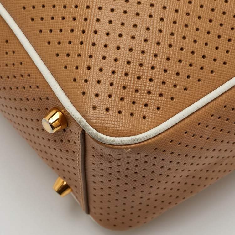 مملوكة مسبقًا Prada Bauletto Beige/White Perforated Saffiano Leather Satchel