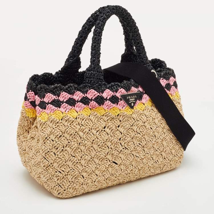 Pre Owned Prada Canapa Tri Color Crochet Raffia Tote