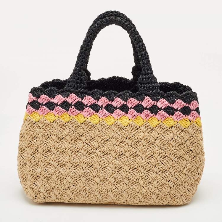 Pre Owned Prada Canapa Tri Color Crochet Raffia Tote