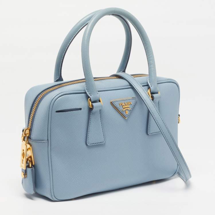Pre Owned Prada Bauletto Pale Blue Saffiano Lux Leather Zip Satchel