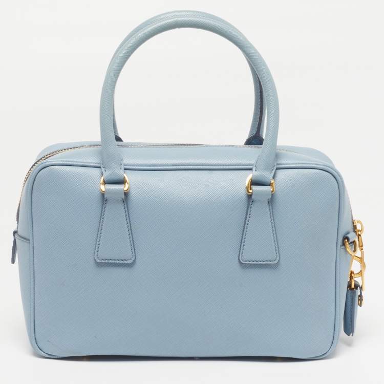 Pre Owned Prada Bauletto Pale Blue Saffiano Lux Leather Zip Satchel