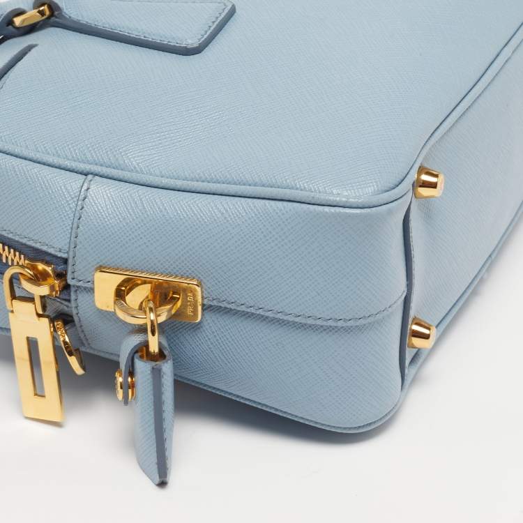 Pre Owned Prada Bauletto Pale Blue Saffiano Lux Leather Zip Satchel