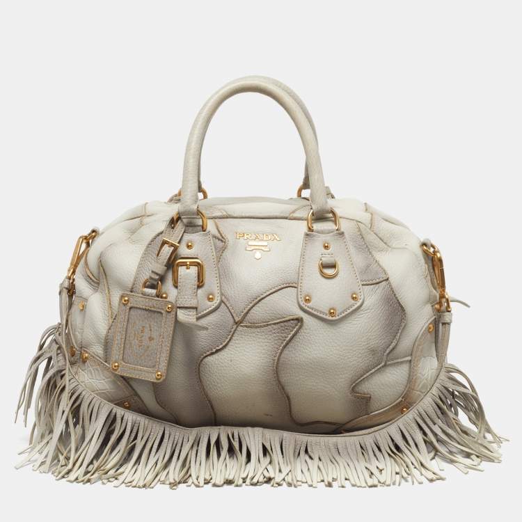 Pre Owned Prada White Ombre Deerskin Leather Croc and Lizard Patchwork Bowler Bag