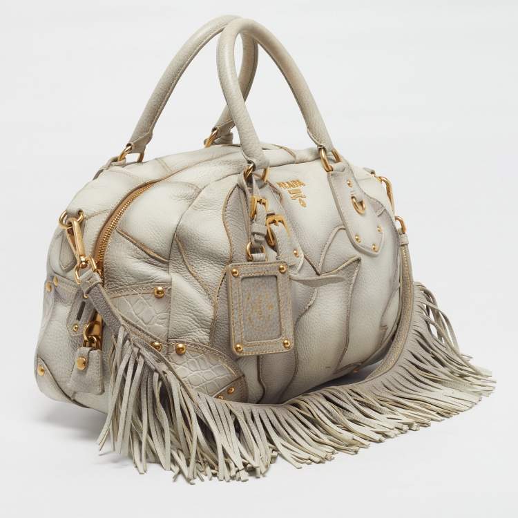 Pre Owned Prada White Ombre Deerskin Leather Croc and Lizard Patchwork Bowler Bag