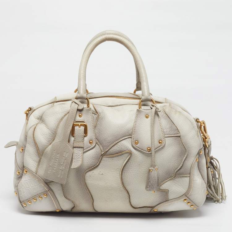 Pre Owned Prada White Ombre Deerskin Leather Croc and Lizard Patchwork Bowler Bag