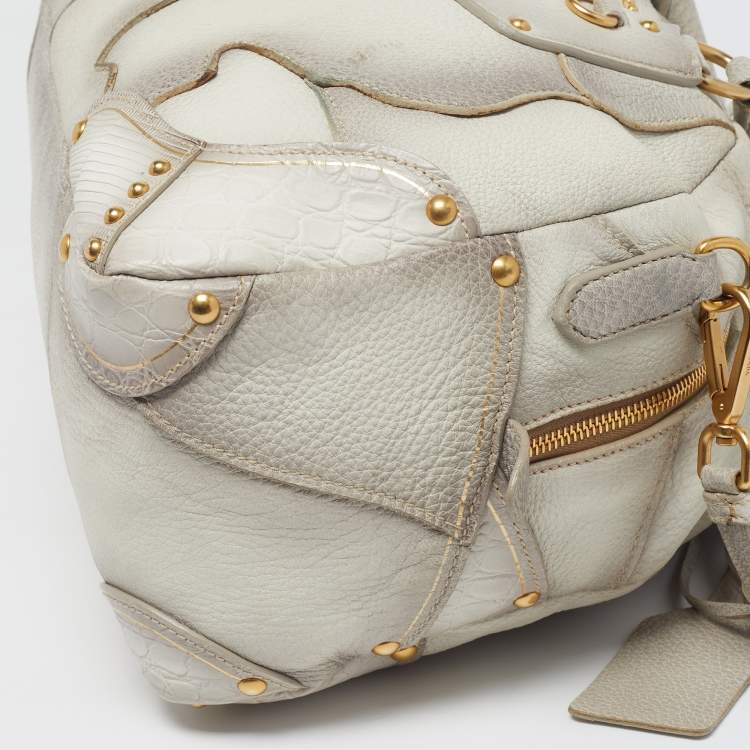 Pre Owned Prada White Ombre Deerskin Leather Croc and Lizard Patchwork Bowler Bag