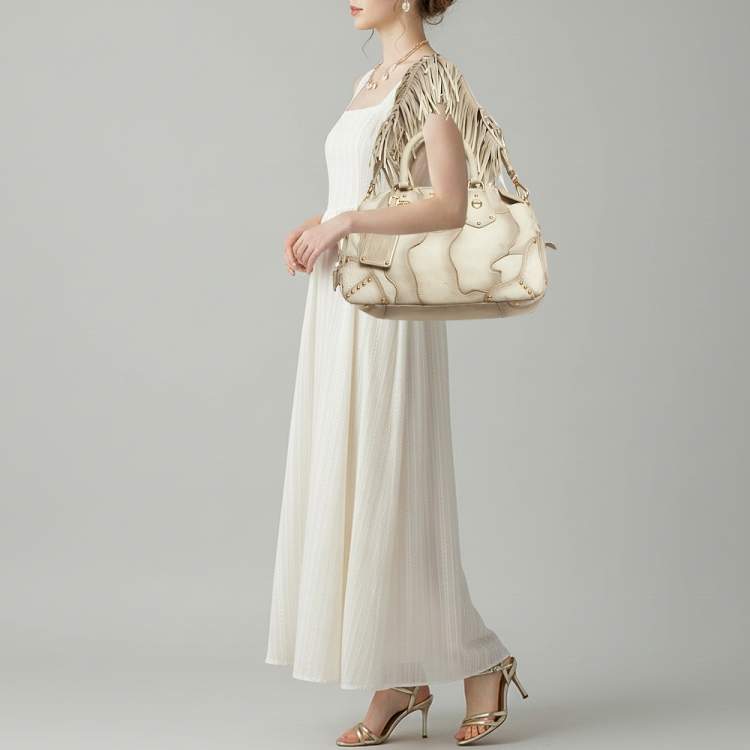 Pre Owned Prada White Ombre Deerskin Leather Croc and Lizard Patchwork Bowler Bag