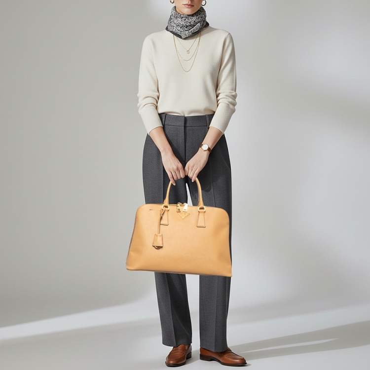Pre Owned Prada Large Promenade Beige Saffiano Lux Leather Satchel