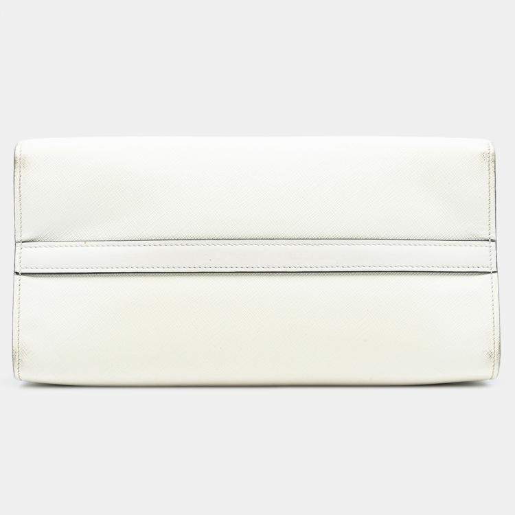Pre Owned Prada White City Calf Trimmed Saffiano Greche Paradigme Bag