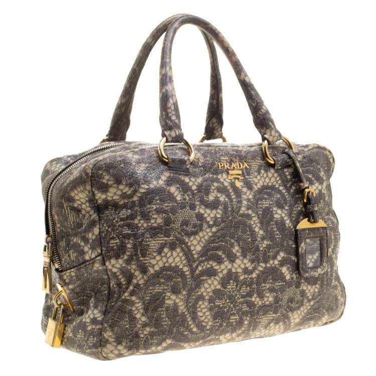 Pre Owned Prada Beige Talco Lace Print Cervo Leather Bowling Bag