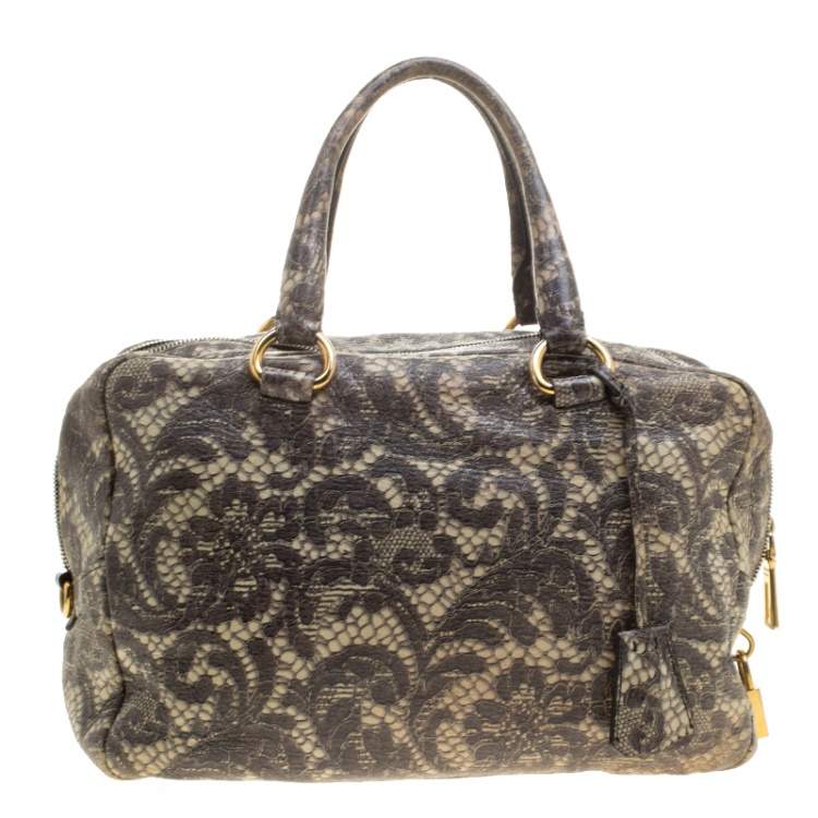Pre Owned Prada Beige Talco Lace Print Cervo Leather Bowling Bag