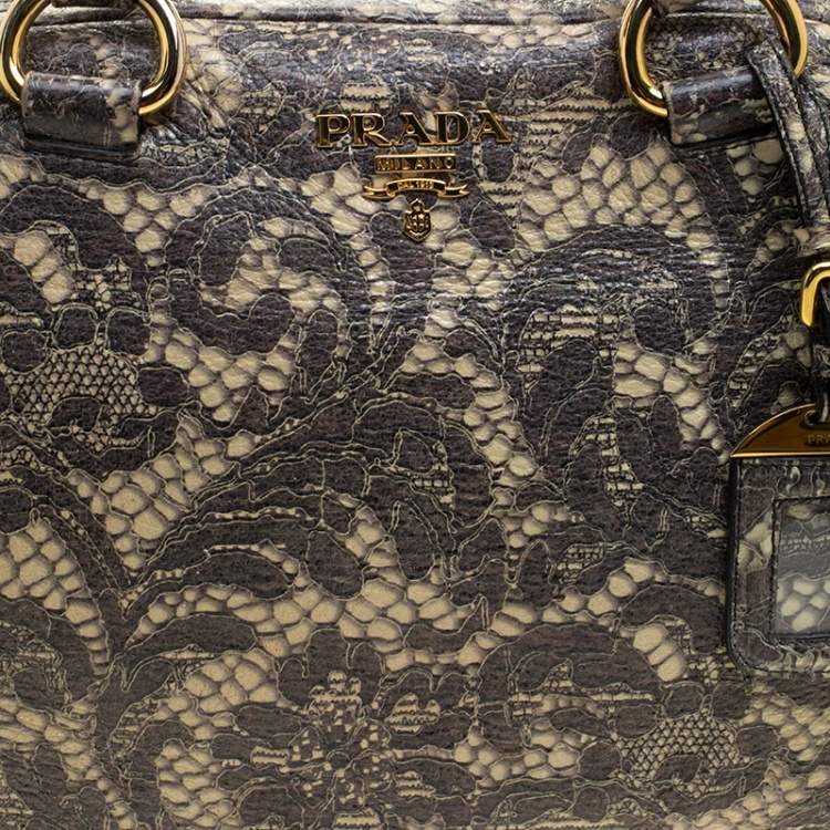 Pre Owned Prada Beige Talco Lace Print Cervo Leather Bowling Bag
