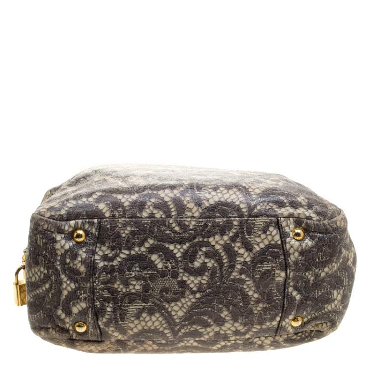 Pre Owned Prada Beige Talco Lace Print Cervo Leather Bowling Bag