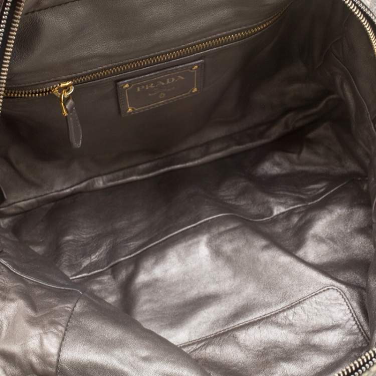Pre Owned Prada Beige Talco Lace Print Cervo Leather Bowling Bag