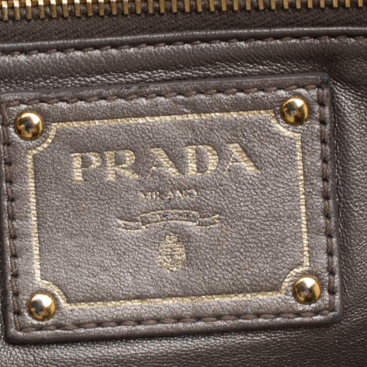 Pre Owned Prada Beige Talco Lace Print Cervo Leather Bowling Bag
