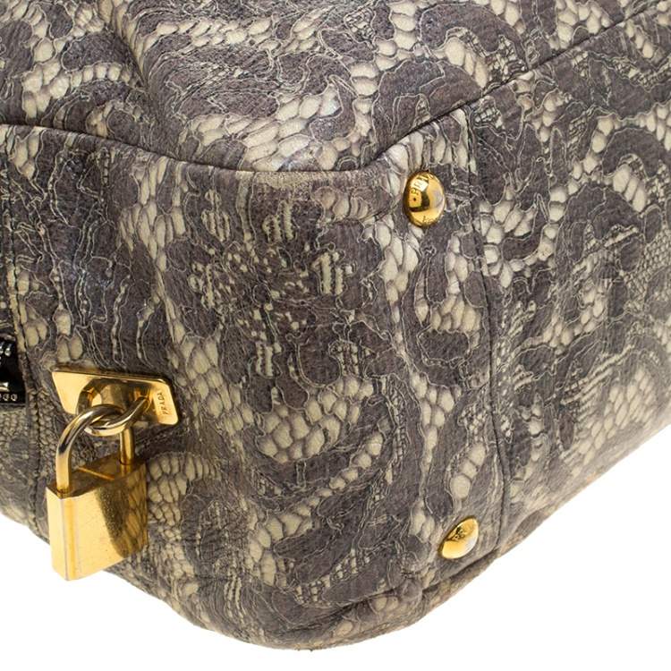 Pre Owned Prada Beige Talco Lace Print Cervo Leather Bowling Bag