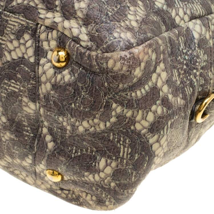 Pre Owned Prada Beige Talco Lace Print Cervo Leather Bowling Bag