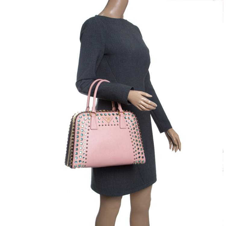 Pre Owned Prada Blush Pink/Burgundy Saffiano Lux Leather Pyramid Frame Top Handle Bag