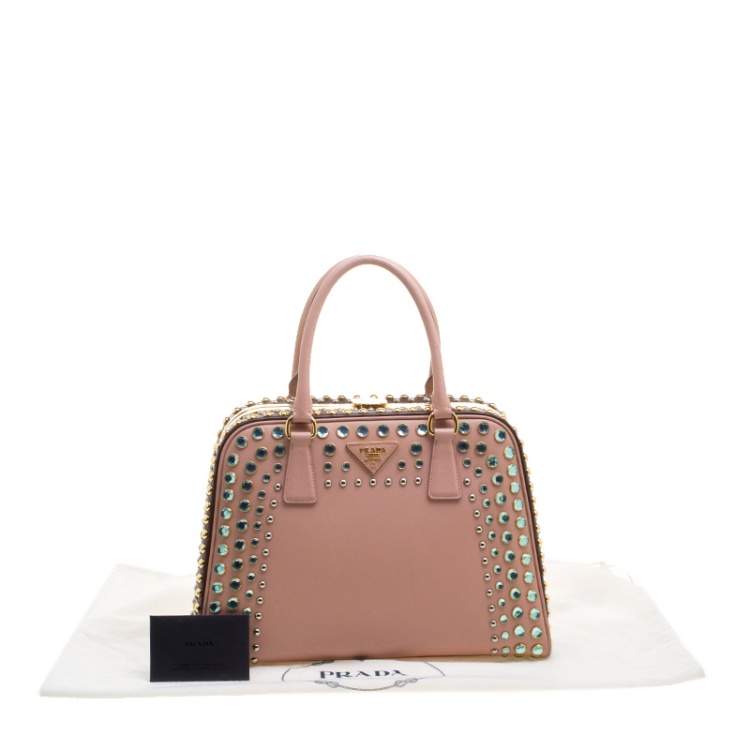 Pre Owned Prada Blush Pink/Burgundy Saffiano Lux Leather Pyramid Frame Top Handle Bag