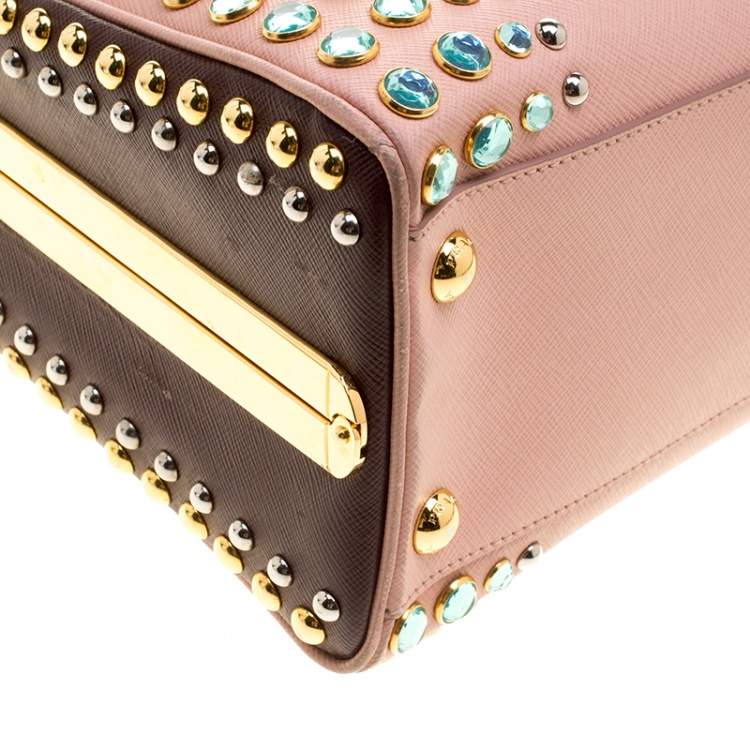 Pre Owned Prada Blush Pink/Burgundy Saffiano Lux Leather Pyramid Frame Top Handle Bag