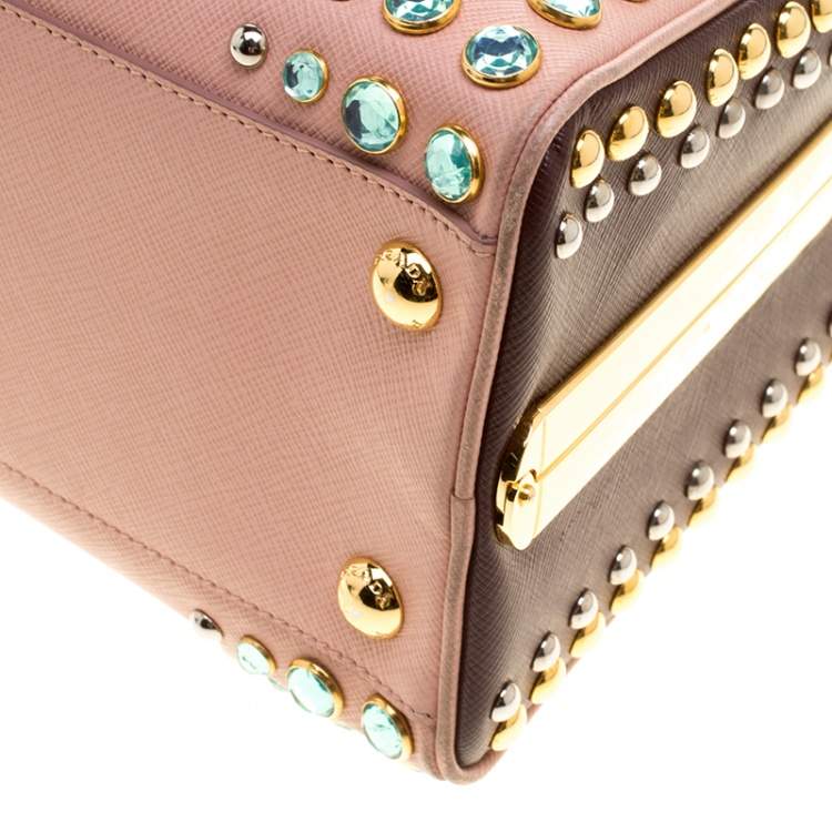 Pre Owned Prada Blush Pink/Burgundy Saffiano Lux Leather Pyramid Frame Top Handle Bag
