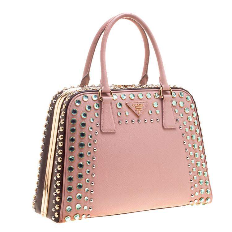 Pre Owned Prada Blush Pink/Burgundy Saffiano Lux Leather Pyramid Frame Top Handle Bag