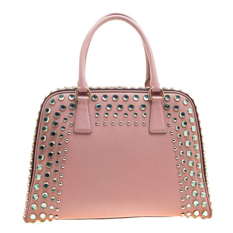 Pre Owned Prada Blush Pink/Burgundy Saffiano Lux Leather Pyramid Frame Top Handle Bag