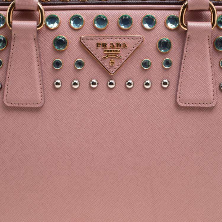 Pre Owned Prada Blush Pink/Burgundy Saffiano Lux Leather Pyramid Frame Top Handle Bag
