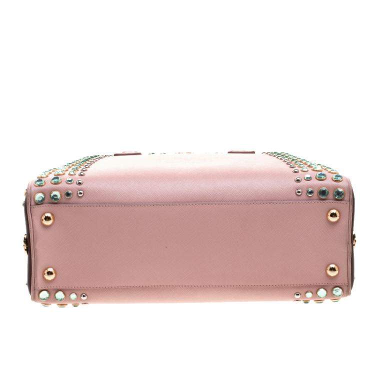 Pre Owned Prada Blush Pink/Burgundy Saffiano Lux Leather Pyramid Frame Top Handle Bag