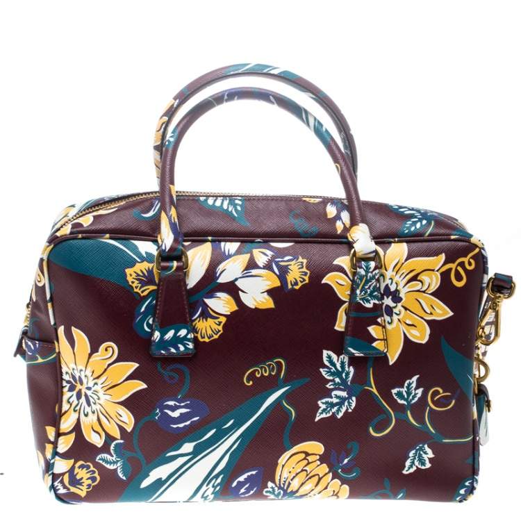 Pre Owned Prada Burgundy Saffiano Print Leather Top Handle Bauletto Bag