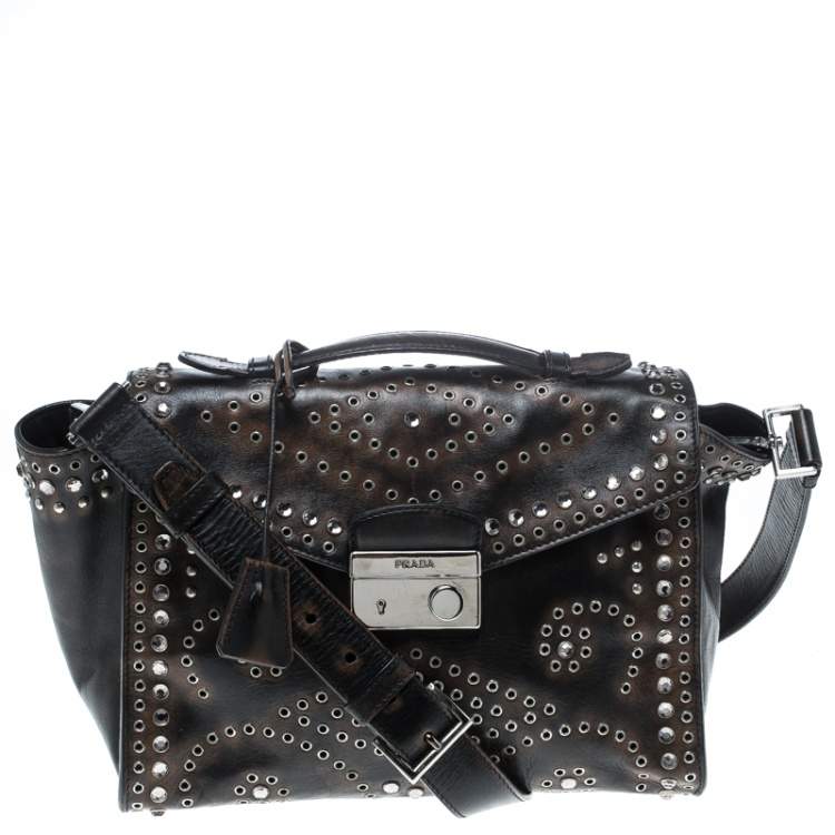complexiteit zuigen ze Prada Dark Brown Vitello Vintage Leather Eyelet Crystal Embellished Top  Handle Bag Prada | TLC