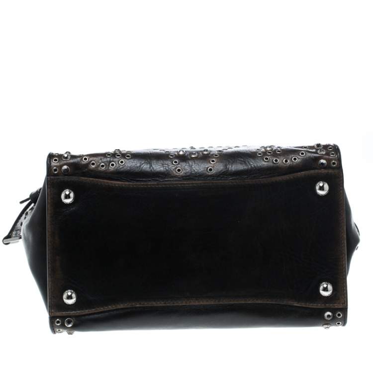 Pre Owned Prada Dark Brown Vitello Vintage Leather Eyelet Crystal Embellished Top Handle Bag