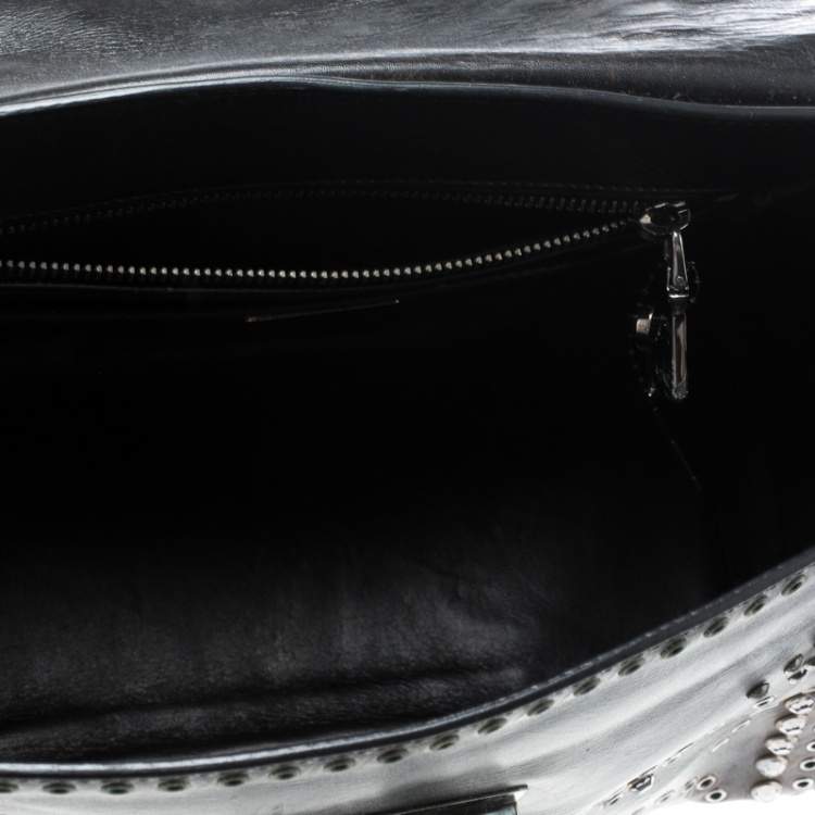 Pre Owned Prada Dark Brown Vitello Vintage Leather Eyelet Crystal Embellished Top Handle Bag