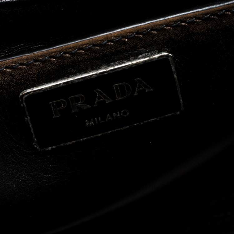 Pre Owned Prada Dark Brown Vitello Vintage Leather Eyelet Crystal Embellished Top Handle Bag