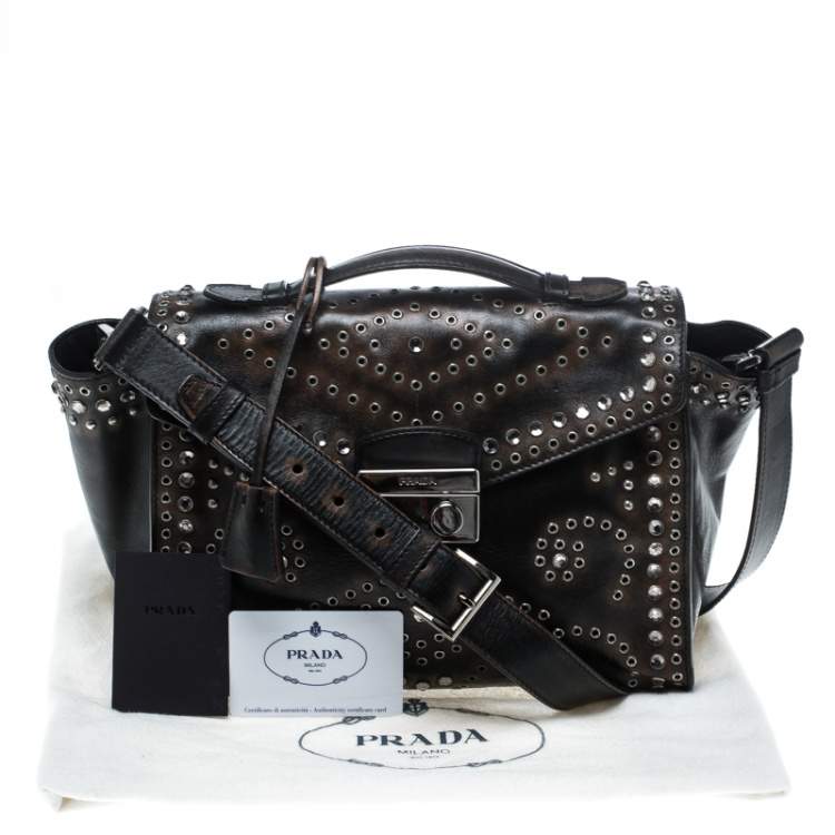 Pre Owned Prada Dark Brown Vitello Vintage Leather Eyelet Crystal Embellished Top Handle Bag