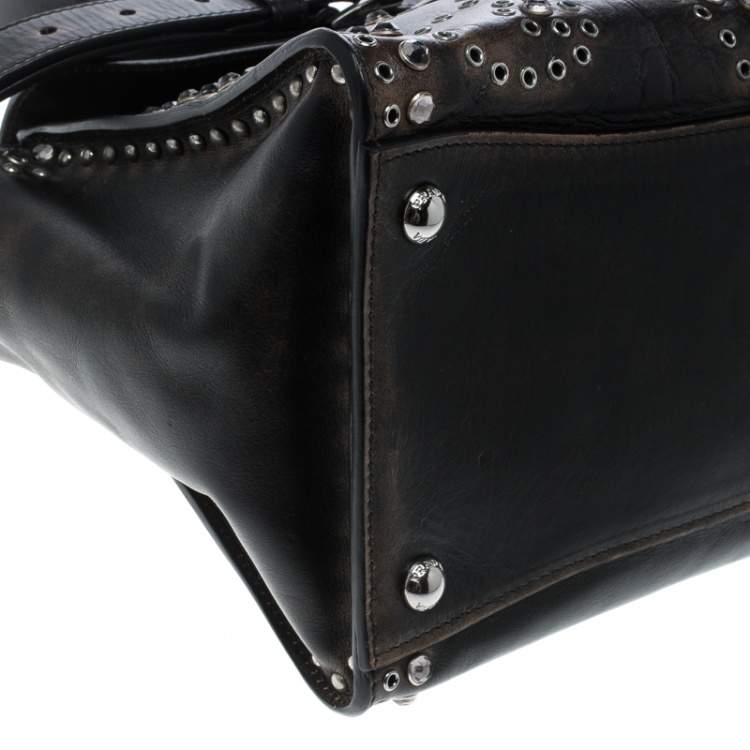 Pre Owned Prada Dark Brown Vitello Vintage Leather Eyelet Crystal Embellished Top Handle Bag