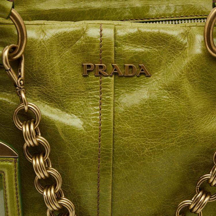 Pre Owned Prada Green Vitello Shine Leather Chain Link Bowler Bag